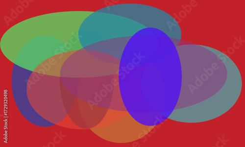 Overlapping Transparent Ovals and Circles in Various Colors on Red abstract shapes