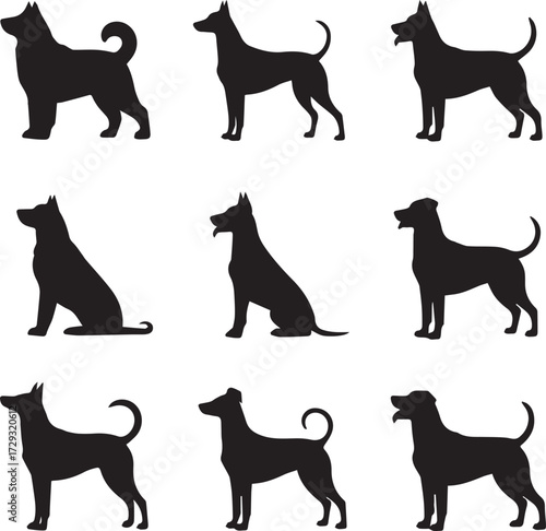 Collection of nine diverse dog silhouettes posed in various standing and sitting positions