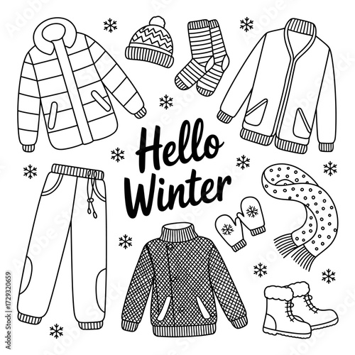 Cozy winter apparel set for cold weather fun and activities ready for coloring vector