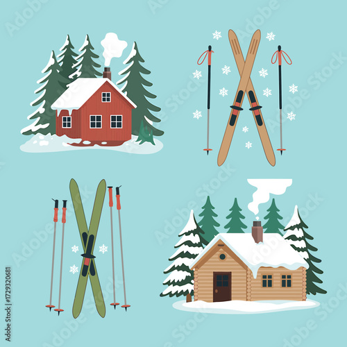 Charming winter scenes featuring cozy cabins and ski equipment for a festive holiday vector