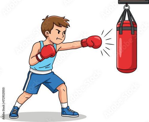 Cartoon boy boxing training with punching bag, kid in gloves practicing sport, fitness workout illustration, martial arts exercise, strong child athlete vector