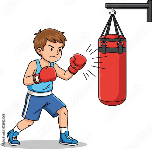 Cartoon boy boxing with punching bag, kid in gloves training, martial arts fitness illustration, child athlete workout, sports exercise vector design