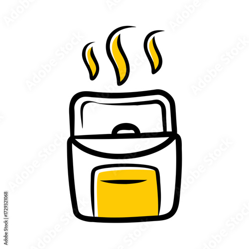 Air fryer with steam rising from the drawer in cartoon style  