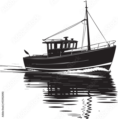 Silhouette of a fishing trawler sailing on calm water with reflection below