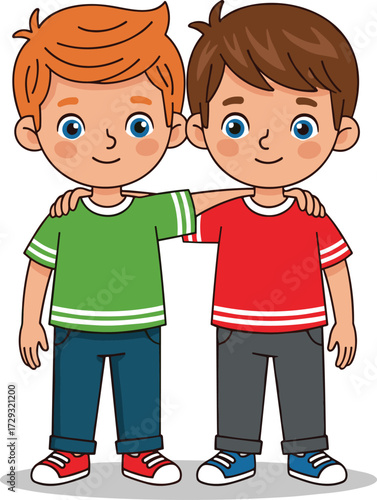 Two happy boys standing together, best friends illustration, friendship and bonding, cartoon characters smiling, kids relationship, vector drawing of children
