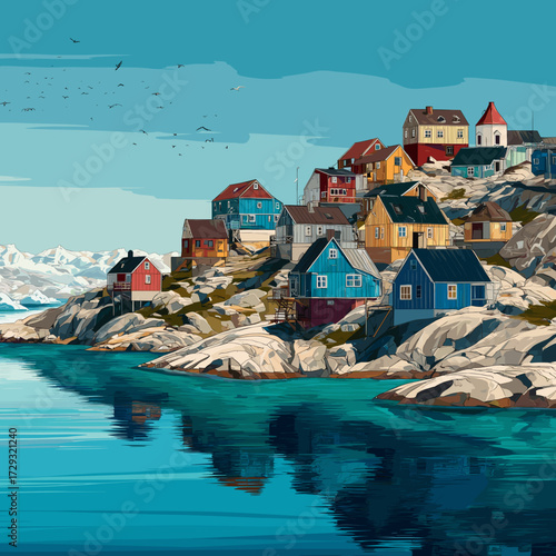 Cityscape of ilusat, city of Greenland, attractive touristic advertisement poster, beautiful touristic must-see destination. Beautiful tourist destination, in Northern europe. Amazing travel destinati