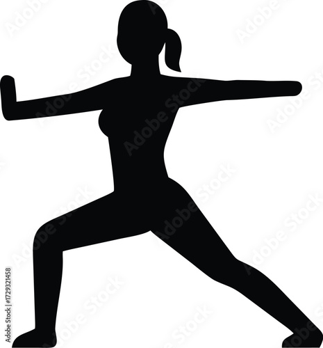 Elegant silhouette of a woman performing a yoga warrior pose symbolizing strength and flexibility isolated on transparent background