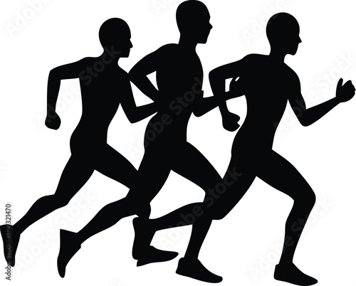 Dynamic group of athletes running a marathon captured as a striking silhouette isolated on transparent background