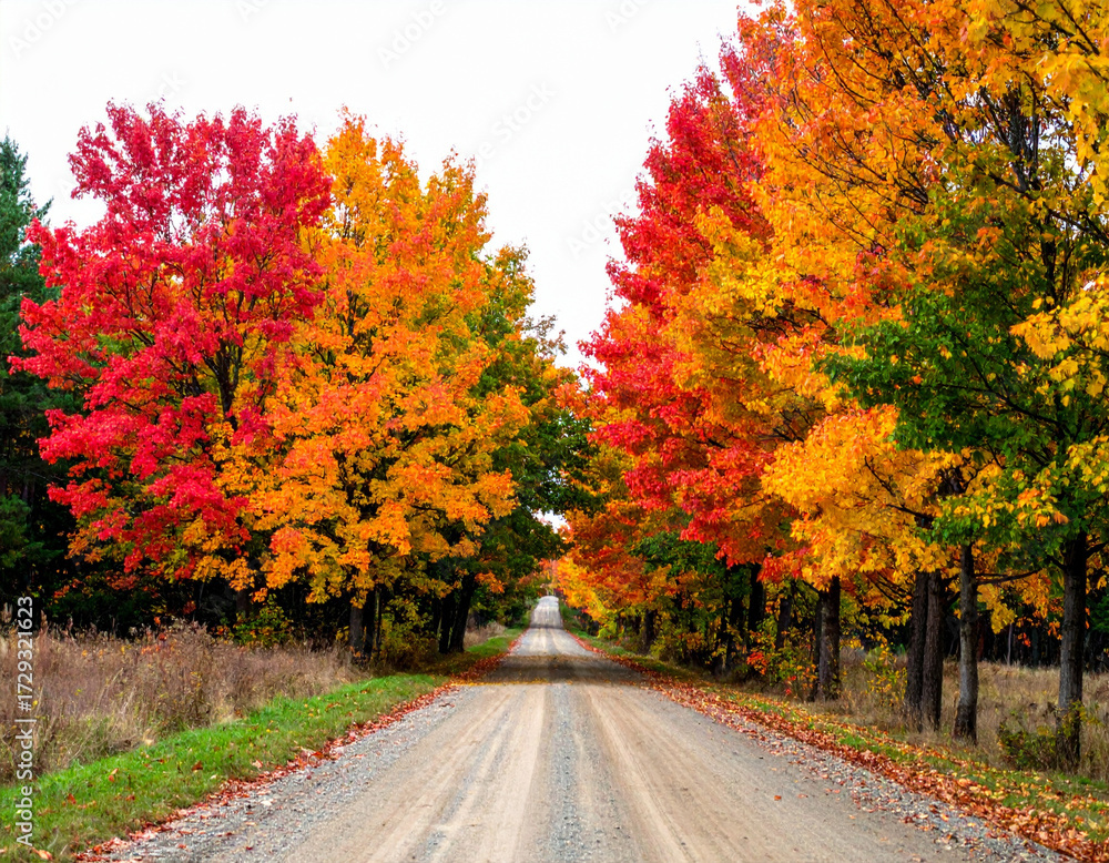 Naklejka premium Colorful trees line an autumn dirt road, cut out - stock png