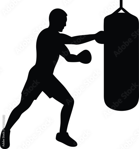 Dynamic silhouette of a man boxing with a punching bag representing a fitness workout and athletic training isolated on transparent background