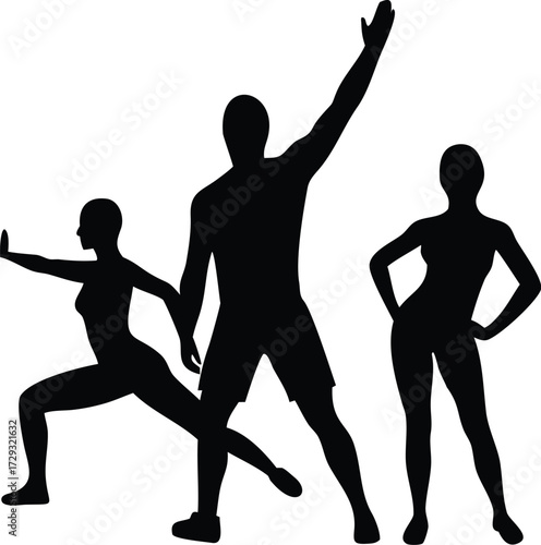 Dynamic silhouette of a group engaged in energetic fitness training exercises isolated on transparent background