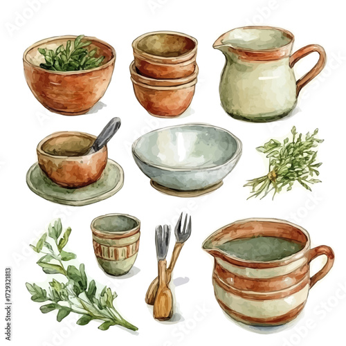 watercolor vector of Rustic Ceramic Kitchenware Set, isolated on a white background.