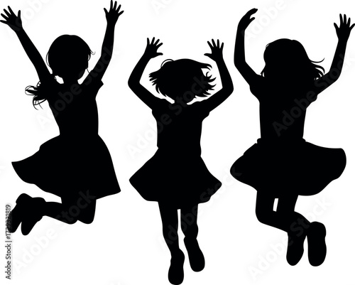 Joyful children silhouettes jumping fun outdoors celebration vector