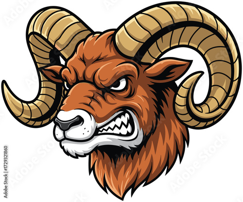 Cartoon ram head vector, aggressive expression, curved horns, mascot design, fierce animal, logo style, white background, bold character, illustration