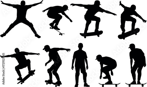 Dynamic skateboarder silhouettes action sports collection vector