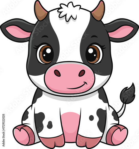 Cute baby cow cartoon vector, sitting farm animal illustration, smiling calf character, white background, kids design, dairy mascot art