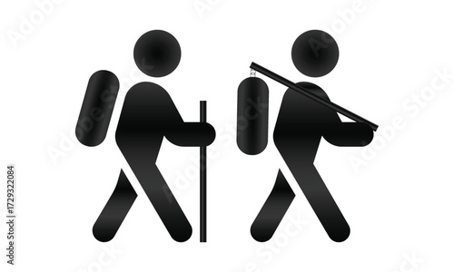 Minimal silhouette of a man hiking with backpack and walking stick, symbol of outdoor adventure and trekking