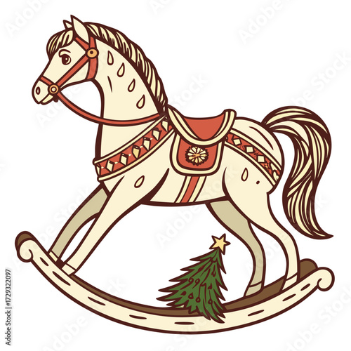Festive vintage style rocking horse vector with holiday saddle and small Christmas tree. Perfect for seasonal cards, decorations, and Christmas designs.