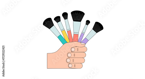 Artistic depiction of a hand holding a colorful array of makeup brushes