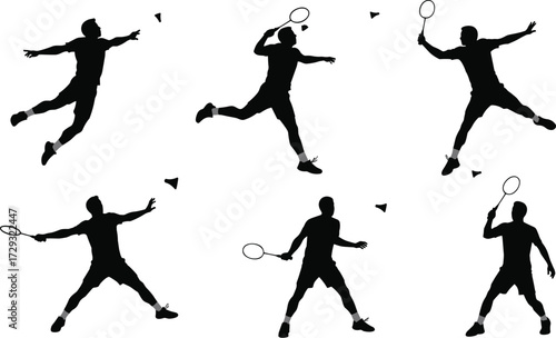 Badminton player silhouettes performing smash, serve, rally, and defensive actions with shuttlecock and racket in dynamic sports vector illustration design