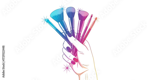 Artistic hand holding colorful makeup brushes on a white background