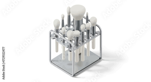 Artistic render of an isolated makeup brush set in a metal organizer