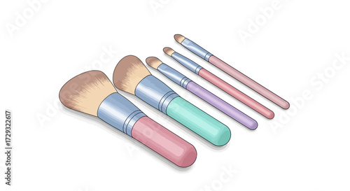 Charming pastel-colored makeup brushes, beautifully arranged on white space