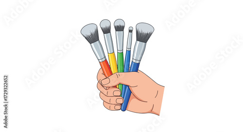 Colorful artistry a hand holding assorted makeup brushes, diverse bristles