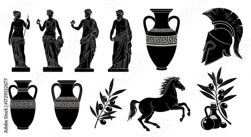  Ancient Greek Roman Culture Symbols - Marble Statues and Mythological Icons Vector Set