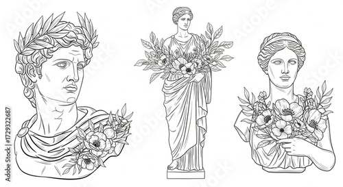 Floral Ancient Greek Statues Clip Art: Botanical Bouquet Busts Vector Set