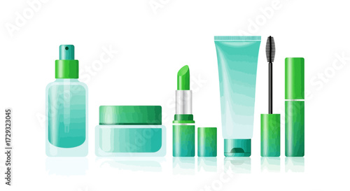 Elegant array of green-themed cosmetic products for beauty and skincare
