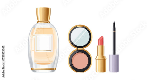 Elegant beauty product assortment featuring fragrance, blush, and lipstick