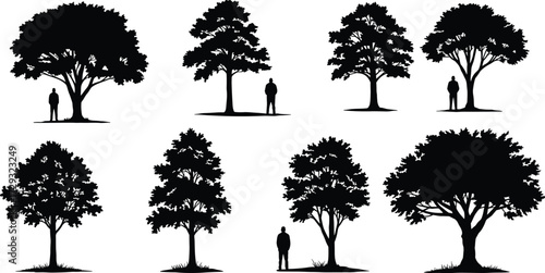 Black and white silhouette illustration of diverse trees with human figures standing nearby, symbolizing nature, environment, growth, scale, landscape, comparison, awareness