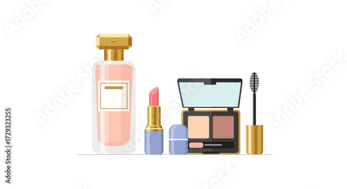 Elegant cosmetic collection featuring perfume, lipstick, eyeshadow and mascara