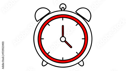 Illustration of a classic alarm clock with a red circle showing the time is four o'clock exactly on transparent background silhouette