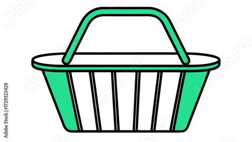 Illustration of a green shopping basket with a black outline and handle on a white background on transparent background silhouette