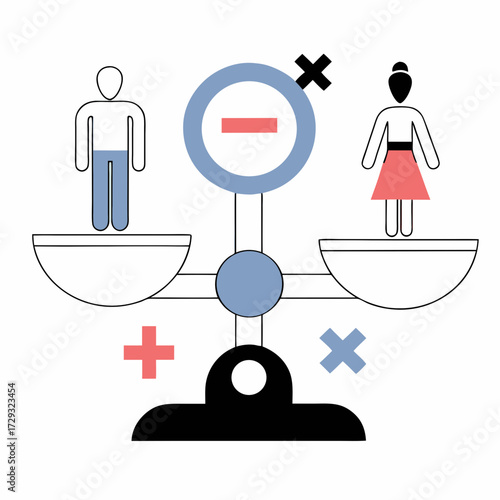 A balanced scale shows a man and woman with plus and minus symbols representing gender equality issues on transparent background silhouette