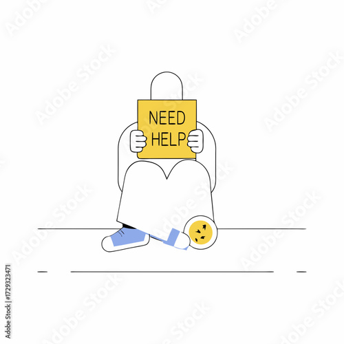 Person holding a need help sign while sitting on the ground with a few coins near their feet on transparent background silhouette
