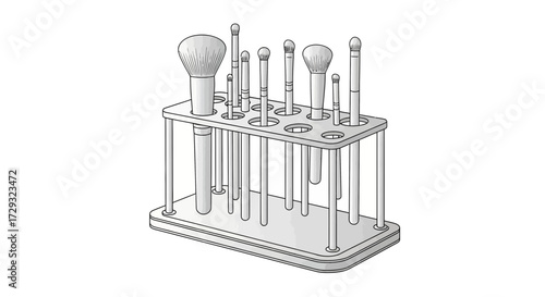 Elegant illustration of makeup brushes in a stylish organizational stand