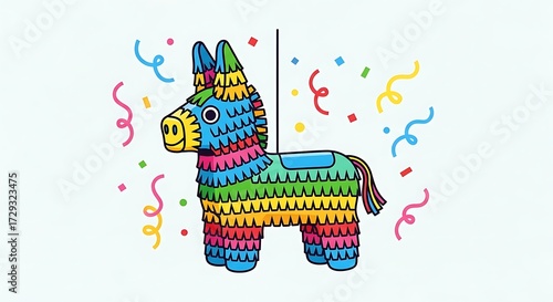 Colorful Pinata with Confetti, Party Decoration, Vector Illustration.
