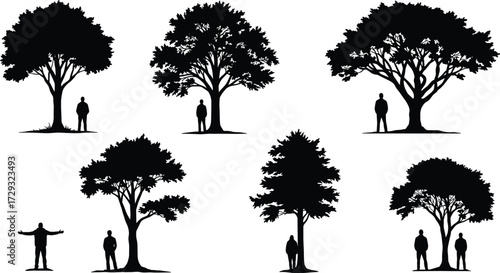 Black and white silhouette illustration of diverse trees with human figures standing nearby, symbolizing nature, environment, growth, scale, landscape, comparison, awareness
