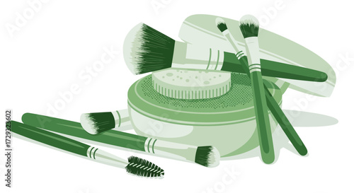 Elegant minimalist makeup brushes set still life with beauty blender display