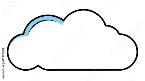 Illustration of a white cloud with a black outline and a blue accent on the upper left side on transparent background silhouette