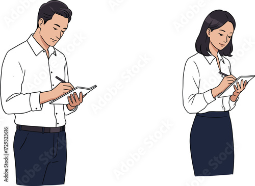 Business professionals taking notes in office setting, corporate teamwork, workplace communication, male and female staff writing during meeting session