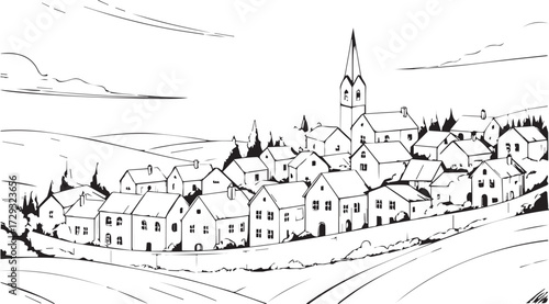 Charming european village scene hand drawn sketch architectural buildings rural landscape panorama