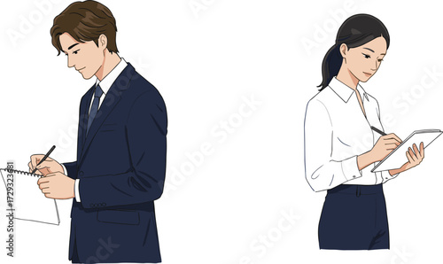 Business professionals working in modern office setting, writing notes and using digital tablet for data entry, teamwork, productivity, and communication