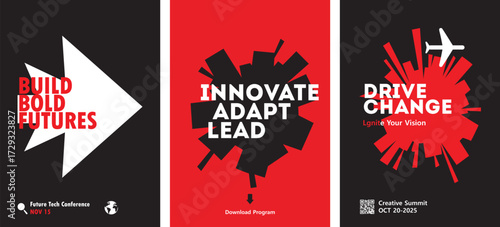 Modern Bold Business Conference Poster Set – Red and Black Minimalist Typography Layouts