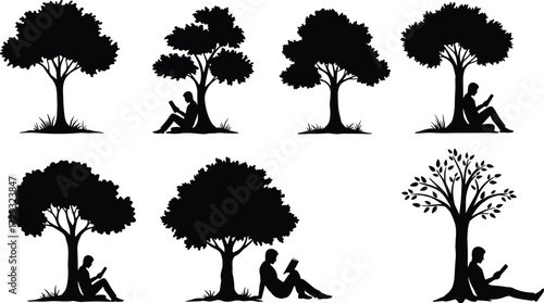 Black and white silhouette illustration of person reading book under different seasonal trees, symbolizing knowledge, growth, learning, nature, education, tranquility