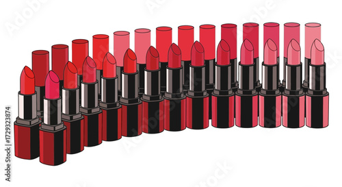 Gradient array of red and pink lipsticks creating a visually appealing line