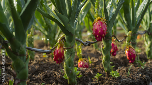 Dragon Fruit Ripening on Thorny Vines in Sunlit Field